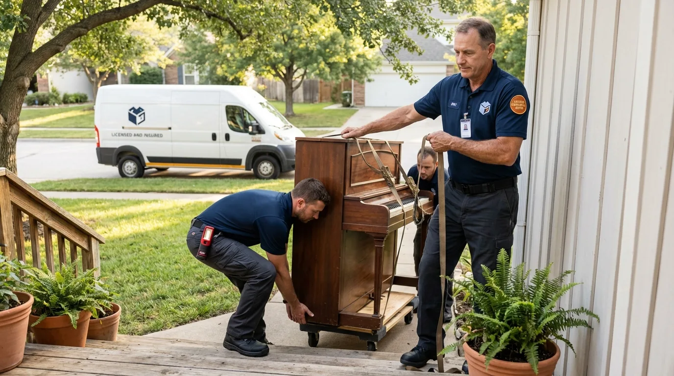 Licensed piano movers securing grand piano in Gloverville, SC