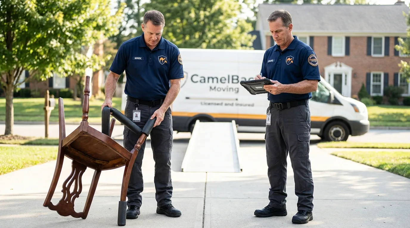 Movers inspecting furniture for damage prevention before loading in Gloverville, SC